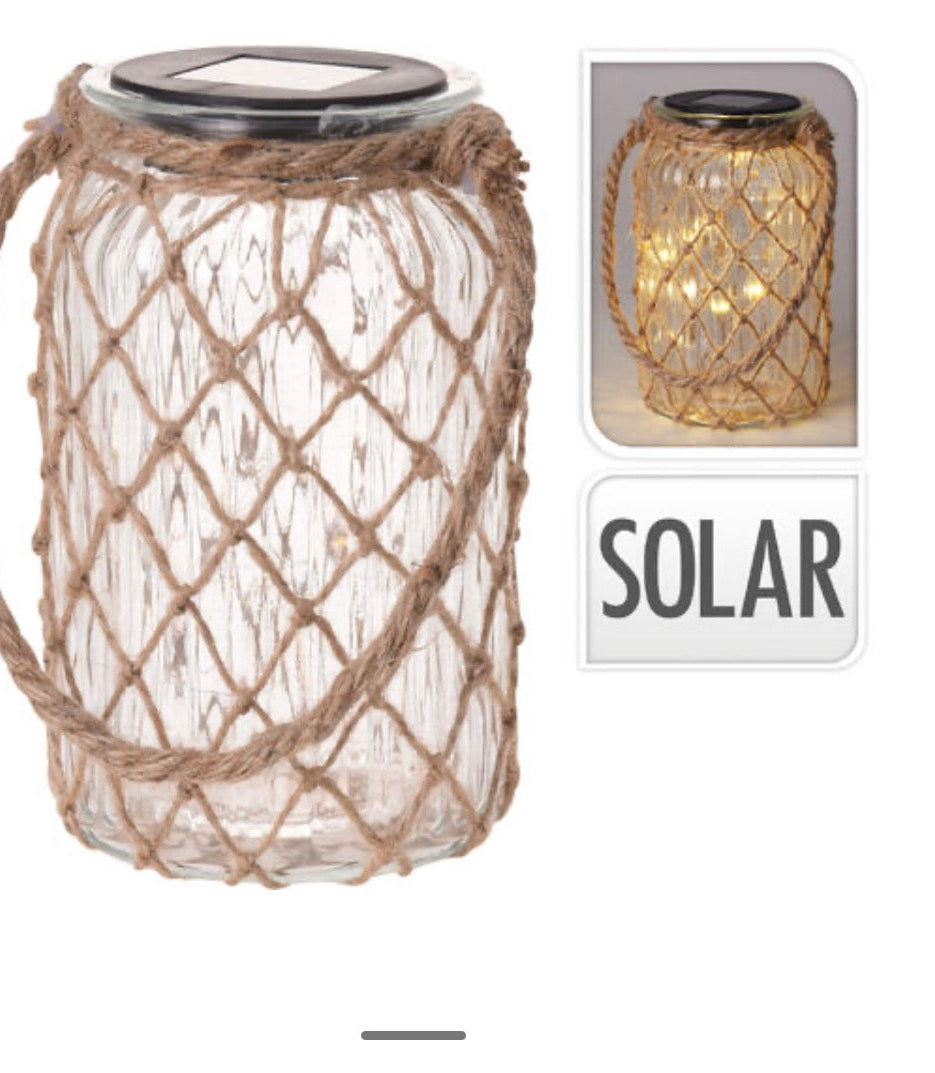 Solcellelanterne i glass og jute
